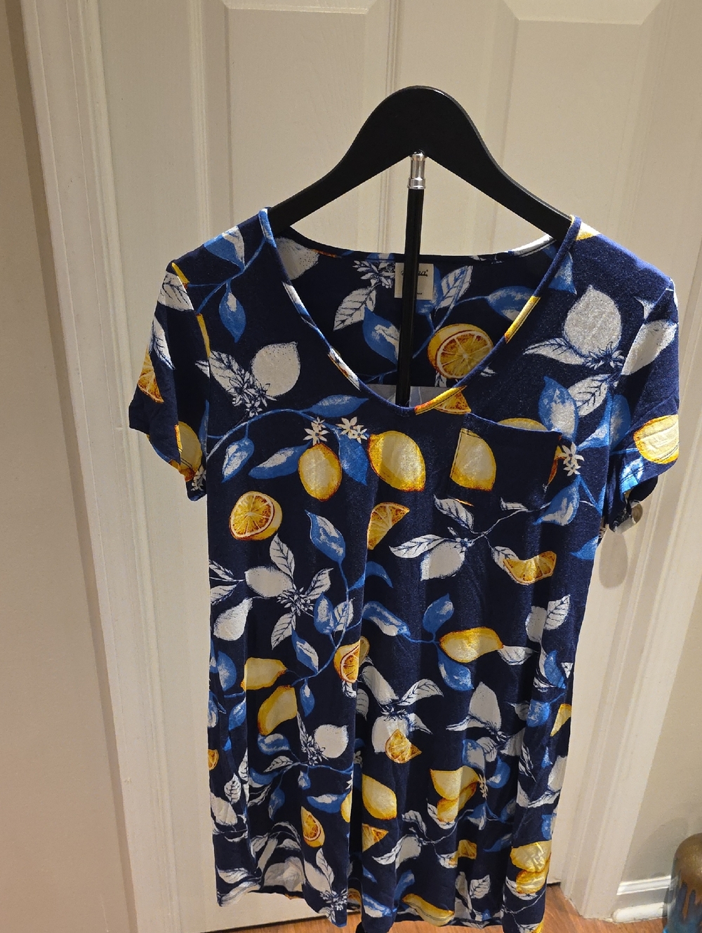 Soma Navy Lemon-Print V-Neck Short Sleeve Top